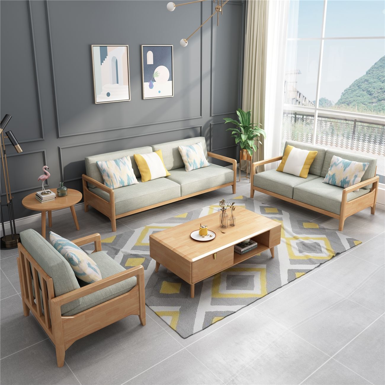 家居】大北欧原木色系列   橡胶木框架  棉麻布面料   客厅组合沙发