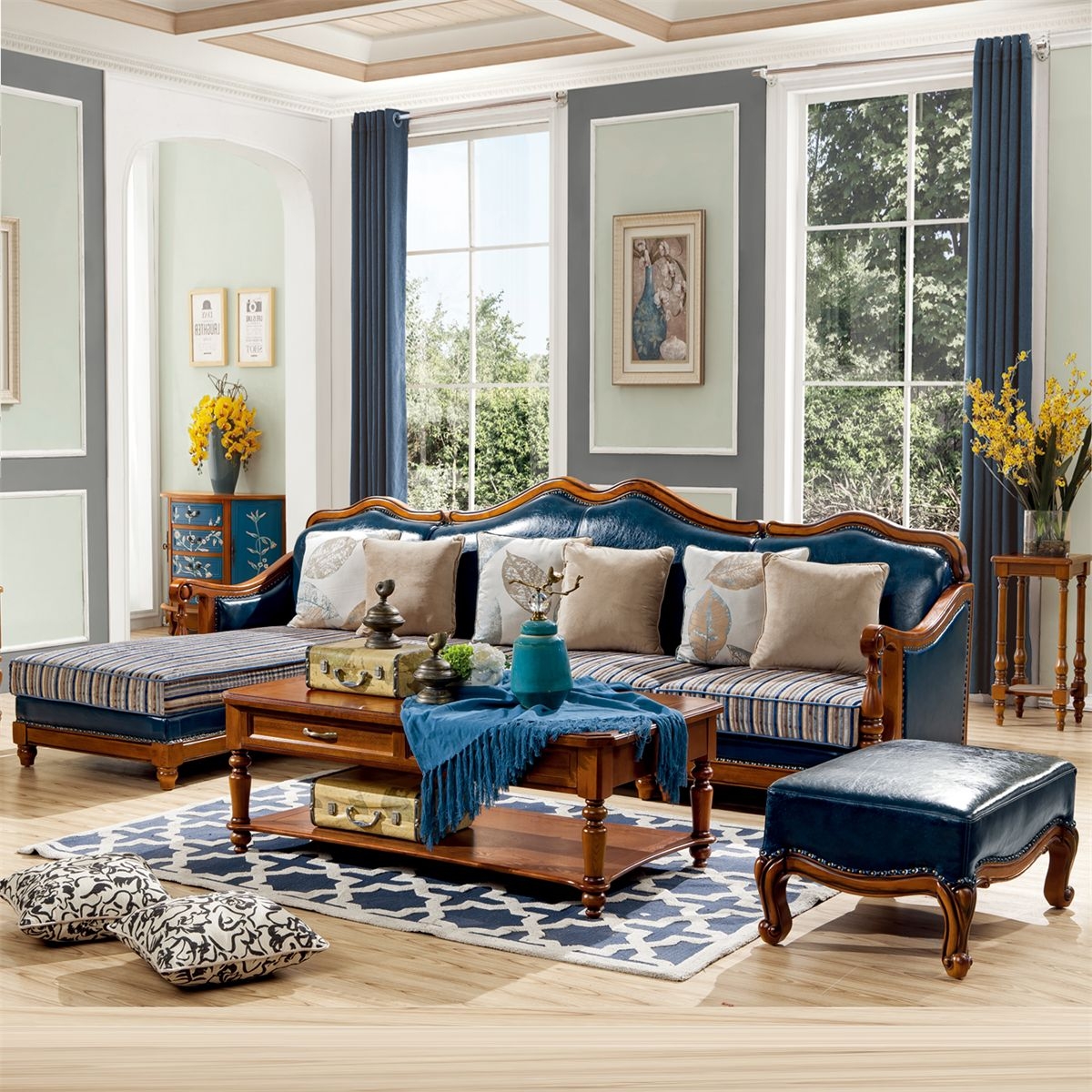 芭蒂雅简美系列美式奢华橡胶木实木转角组合沙发油蜡皮靠背布艺结合