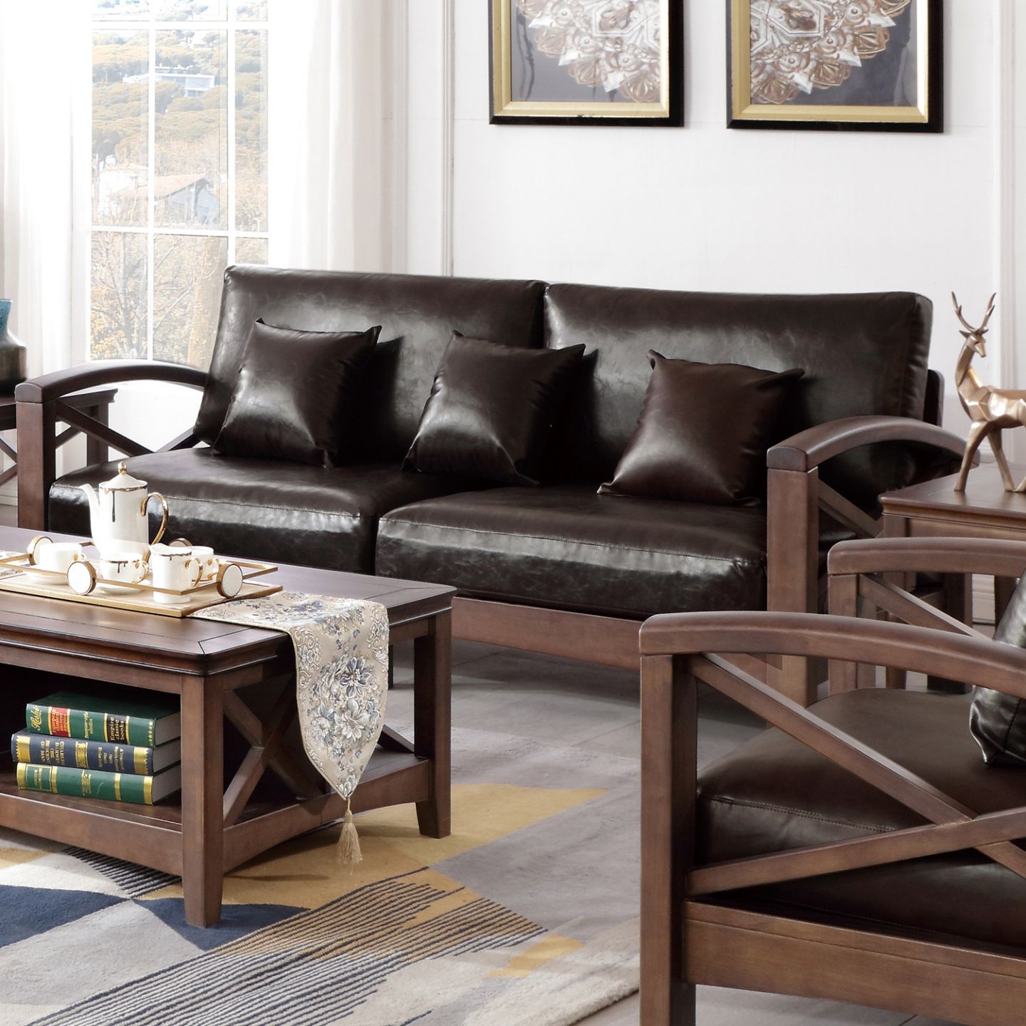x系列 简美风格 客厅1 2 3组合超纤皮沙发实木家具