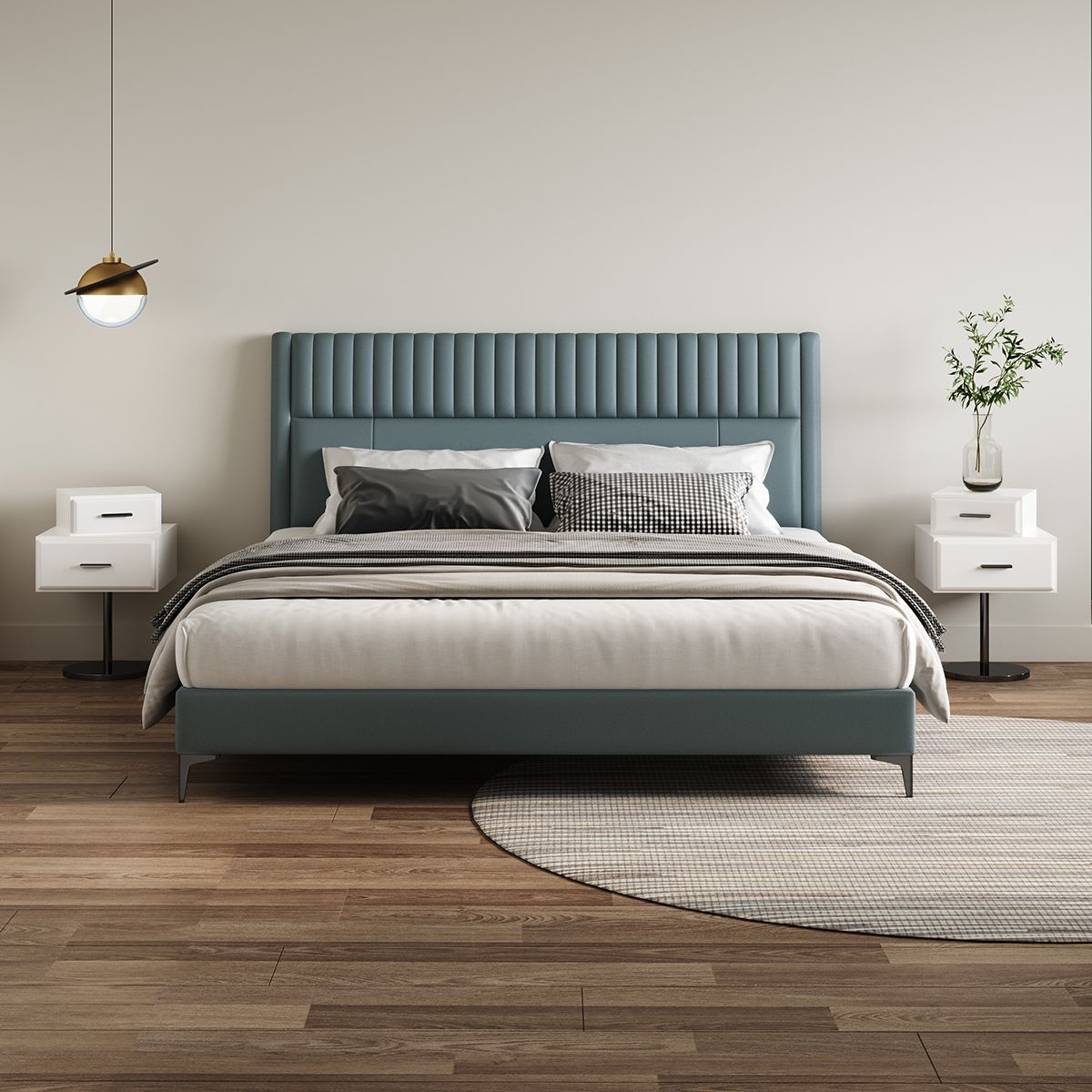 30系列 卧室时尚极简免洗科技布软床意式双人框架床(湖蓝色)