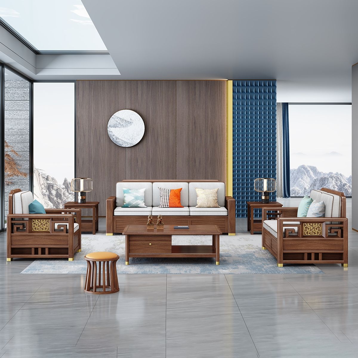【唯颐家居】红胡桃木系列  客厅123高箱储物沙发新中式棉麻布艺沙发