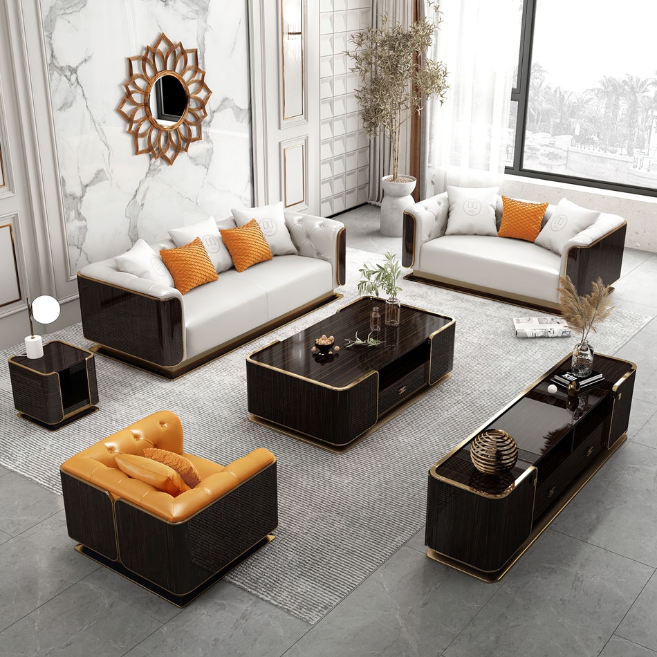 意式轻奢系列 高端时尚家用客厅实木撞色设计超纤皮直排沙发123组合