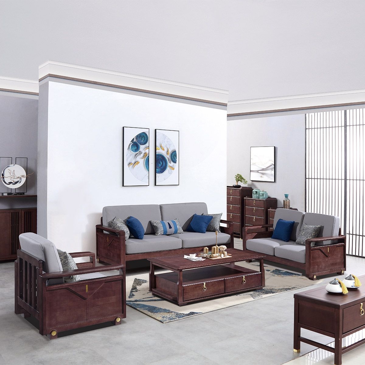 【都市诚品】新中式归雀系列  轻奢新中式沙发客厅实木免洗科技布直排