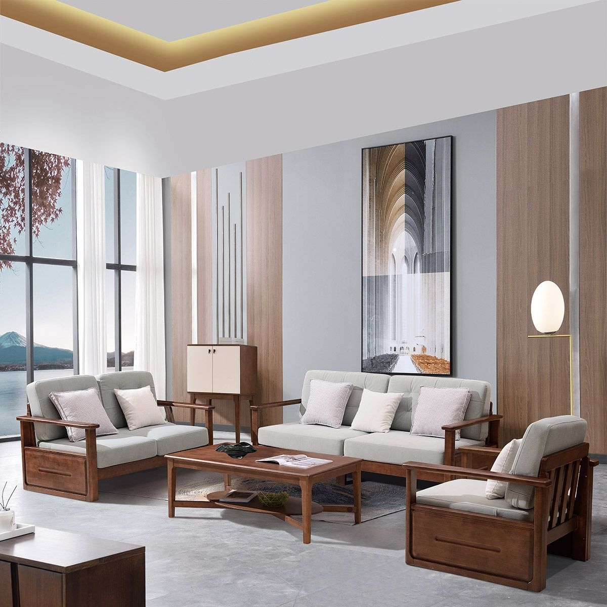 简木系列 北欧风格 家用客厅科技布布艺直排组合沙发123