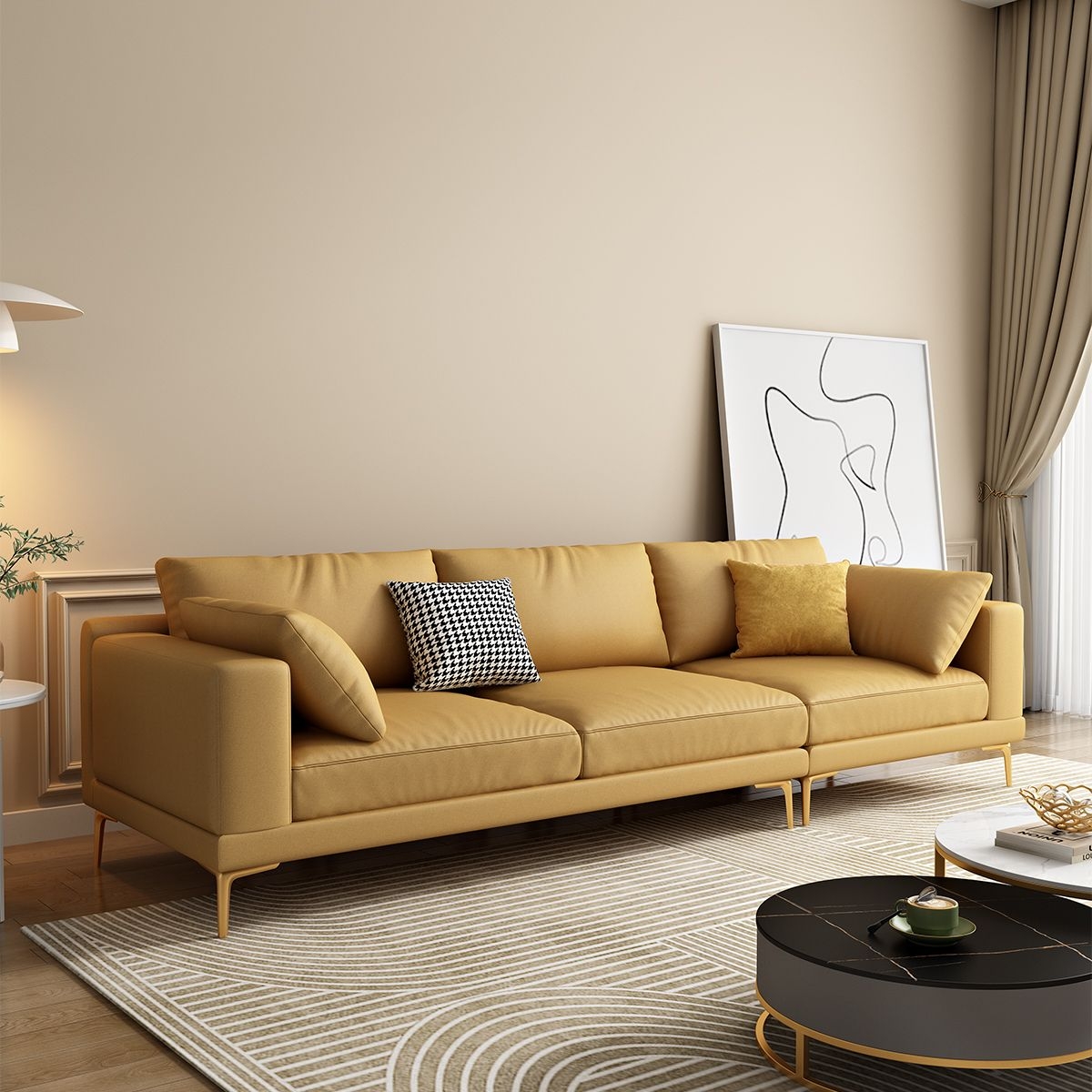 【哥斯图】轻奢奶油风布艺科技布客厅直排分体三人位沙发(古铜色