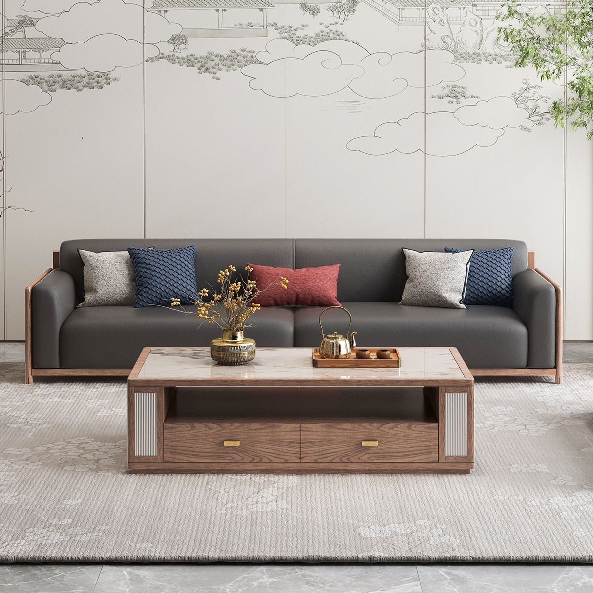 【木美华章】新中式系列 实木沙发布艺科技布大小户型高端组合沙发